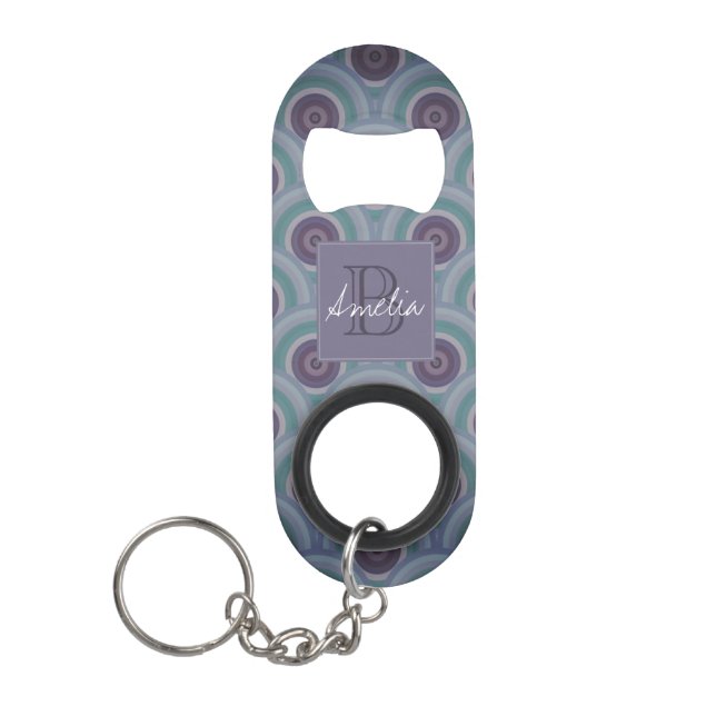 Porte-clé Décapsuleur Monogramme à motif de cercles rétro violet et vert (Devant)