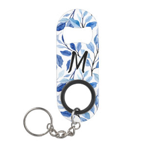 Porte-clé Décapsuleur Monogramme d'art fin en mosaïque de feuilles bleue