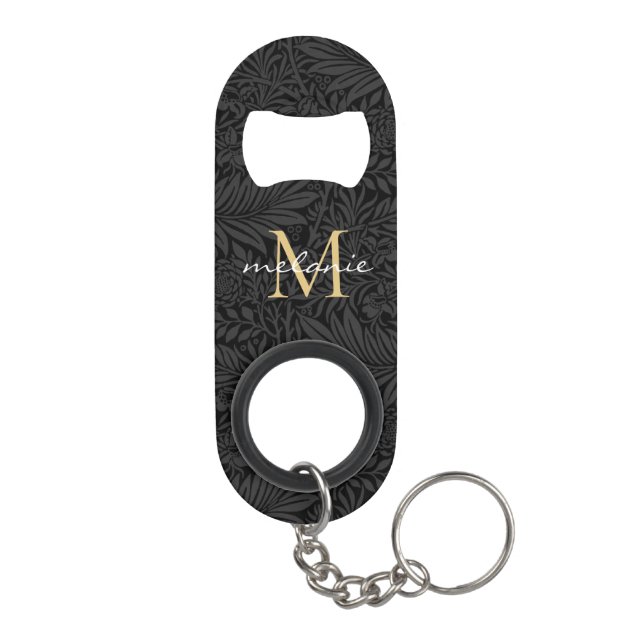 Porte-clé Décapsuleur Monogramme de script floral noir élégant or (Dos)