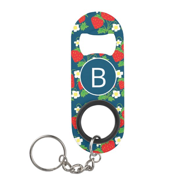 Porte-clé Décapsuleur Monogramme motif bleu fraise et fleurs (Devant)
