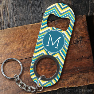 Porte-clé Décapsuleur Monogramme Motif Chevron turquoise et jaune