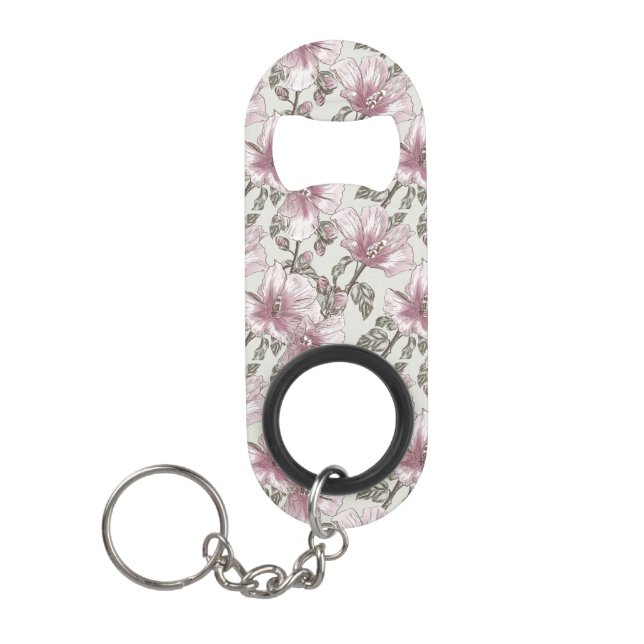 Porte-clé Décapsuleur Motif de fleurs rose amorti de ketmie (Devant)