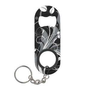 Porte-clé Décapsuleur Motif floral gris sur le noir