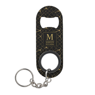 Porte-clé Décapsuleur Motif géométrique de luxe pailleté noir et or