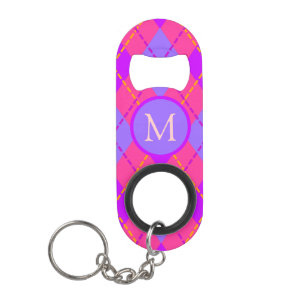 Porte-clé Décapsuleur Motif monogramme argyle rose et bleu vif