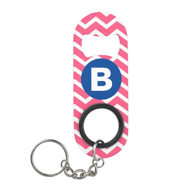 Porte-clé Décapsuleur Motif monogramme chevron rose vif et blanc (Devant)