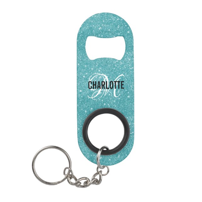 Porte-clé Décapsuleur Nom de monogramme de parties scintillant turquoise (Devant)