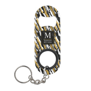 Porte-clé Décapsuleur Paillettes noires et or motif animal zèbre blanc
