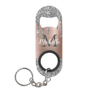 Porte-clé Décapsuleur Parties scintillant en argent monogrammé Rose méta