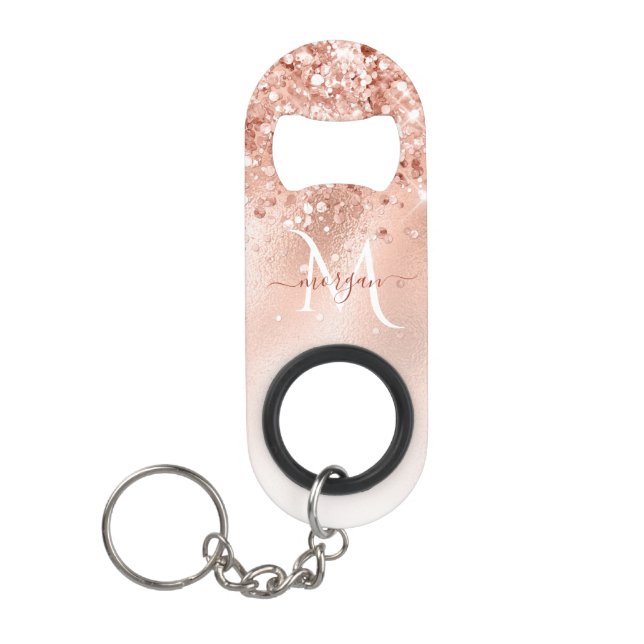 Porte-clé Décapsuleur Parties scintillant Peach Rose or Monogramme (Devant)