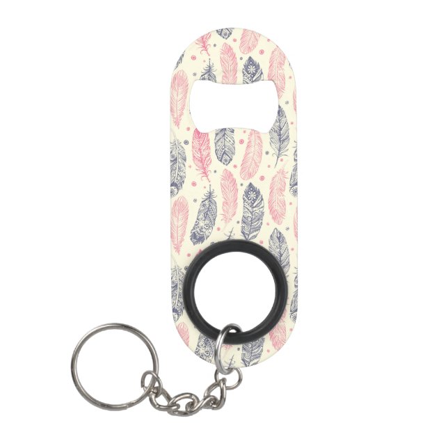 Porte-clé Décapsuleur Rose et motif ethnique pourpre de plume (Devant)