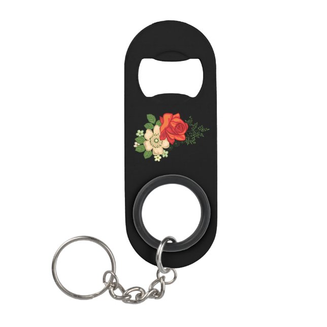 Porte-clé Décapsuleur Rose rouge et marguerites Arrière - plan noir (Devant)
