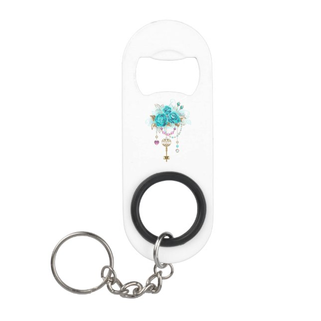 Porte-clé Décapsuleur Roses turquoise avec touches (Devant)