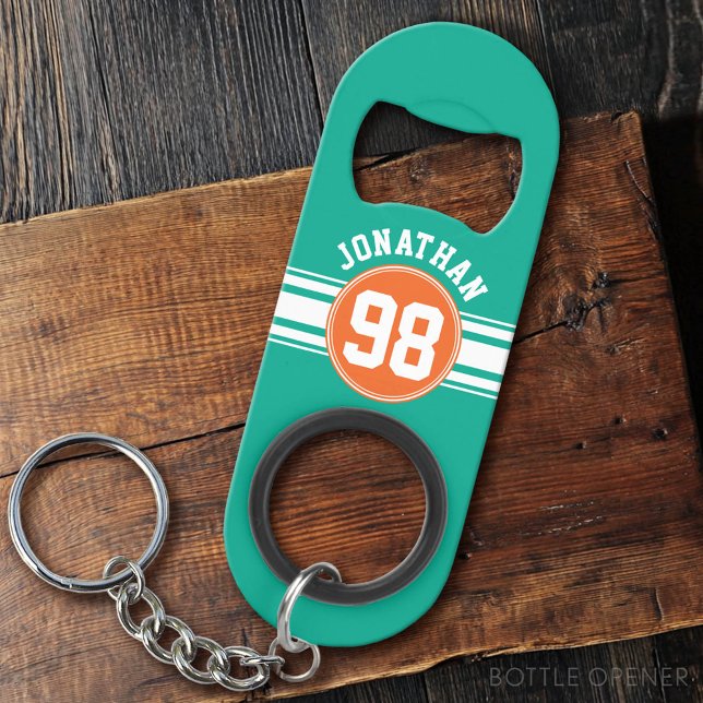 Porte-clé Décapsuleur Sports Jersey Stripes Emerald & Orange Nom Numéro (Custom Bottle Opener)