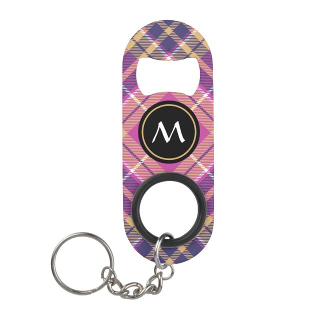 Porte-clé Décapsuleur Tartan rose, or et bleu (Devant)