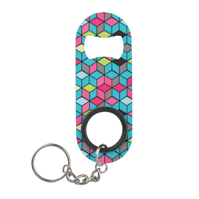 Porte-clé Décapsuleur Turquoise et motif rose de cube (Devant)