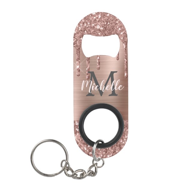 Porte-clé Décapsuleur Unités de Parties scintillant en or Rose monogramm (Devant)