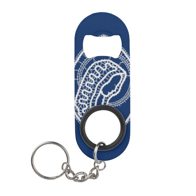 Porte-clé Décapsuleur Vierge Marie, dentelle blanche, bleu marine (Devant)