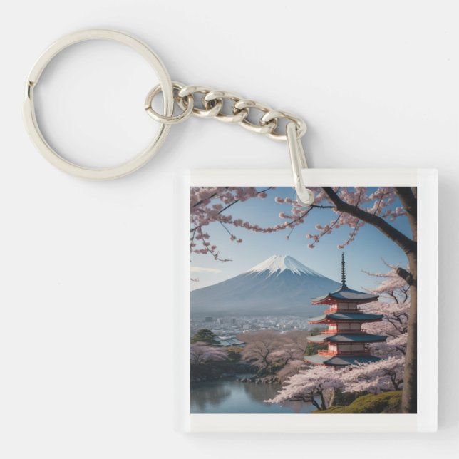 PORTE-CLEFS 日本の春の最も美しい瞬間を凝縮したような一枚です。富士山を背景に、五重塔と満開の桜が描かれています。 (Devant)