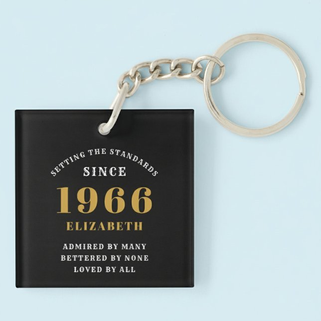 Porte-clefs 60th Birthday 1966 Black Gold Personalized (Born 1966 birthday keychain. Pastel background.)
