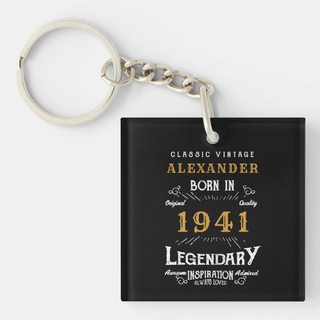 Porte-clefs 80e anniversaire personnalisé Né en 1941 Noir Vint (Devant)