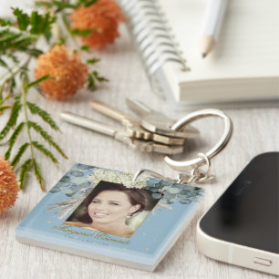 Porte-clefs 90ème Floral Blue Gold Elegant Photo Anniversaire