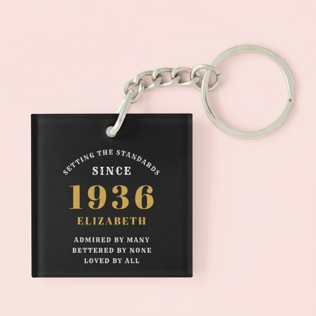 Porte-clefs 90th Birthday 1936 Black Gold For Her Personalized (Born 1936 birthday keychain. Pastel background.)