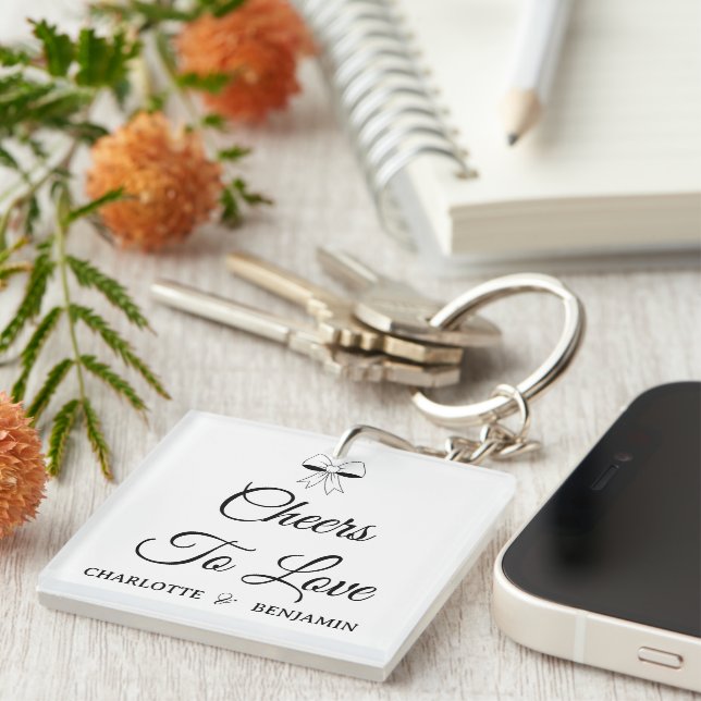 Porte-clefs À l'amour Burgundy Script Ivory Nœud Mariage (Devant Droit)