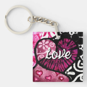 Porte-clefs Abstrait coeur d'amour rose Floral Pois noir