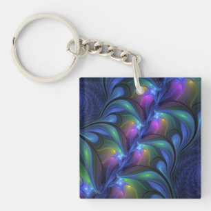 Porte-clefs Abstrait lumineux bleu rose vert fractal coloré