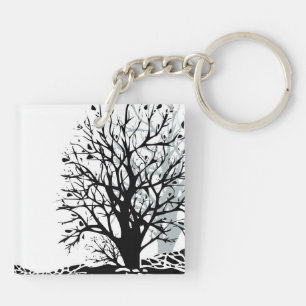 Porte-clefs Abstrait moderne arbre noir silhouette ombre blanc