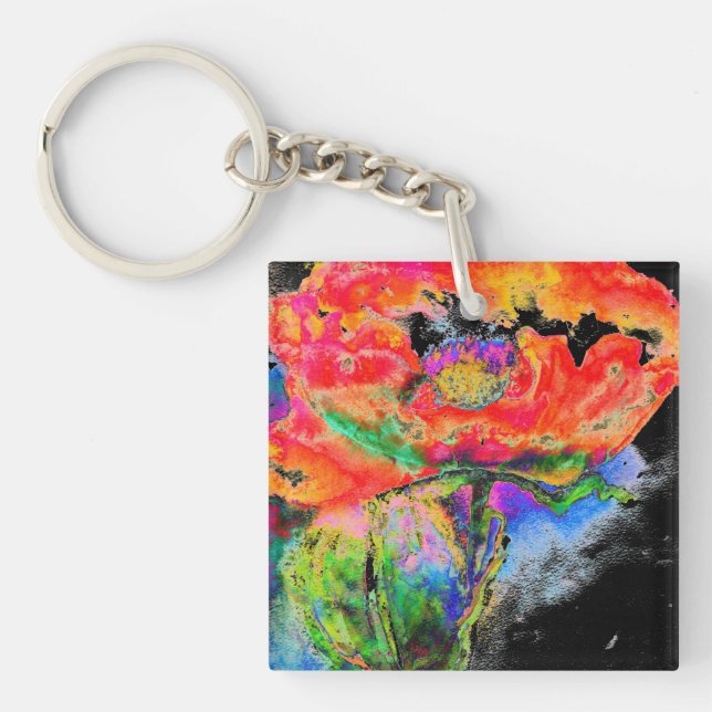Porte-clefs Abstrait rouge floral aquarelle peinture pavot rou (Devant)