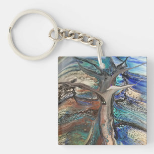 Porte-clefs Abstraits blues et verts d'arbres sauvages