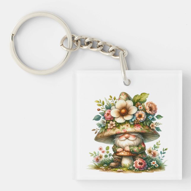Porte-clefs Adorable Aquarelle Jardin Gnome (Devant)