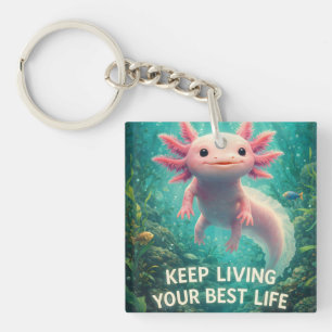 Porte-clefs Adorable Axolotl Rose avec "Meilleure Vie" Motivat