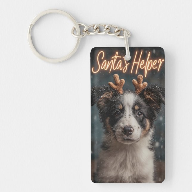 Porte-clefs Adorable Bordure Collie Puppy comme Père Noël Help (Devant)