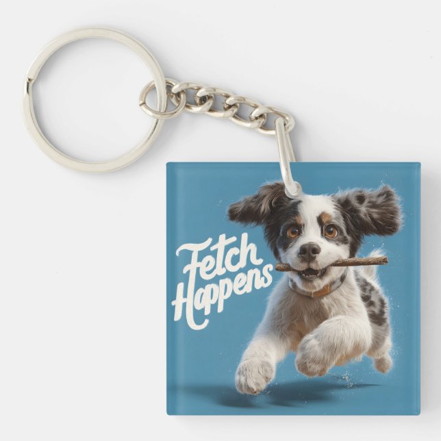 Porte-clefs Adorable Chiot Mid-Air Courir avec un bâton (Devant)