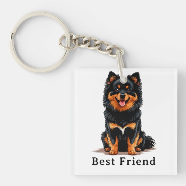 Porte-clefs Adorable chiot Pomeranian noir et feu (Devant)
