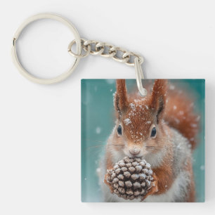 Porte-clefs Adorable écureuil rouge dans la neige avec un Pine