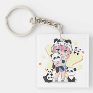 Porte-clefs Adorable Fille d'Anime Entourée de Jouets Panda