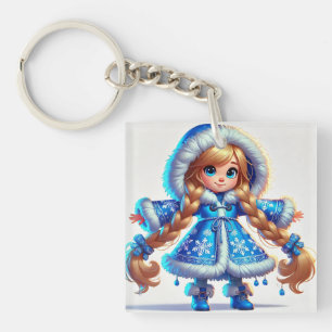 Porte-clefs Adorable jeune fille de neige en manteau bleu