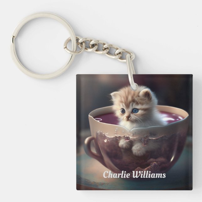 Porte-clefs Adorable Kitten dans une teacup Personnalisé (Devant)