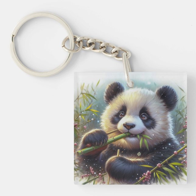 Porte-clefs Adorable Ours De Panda Mangeant Bambou (Devant)