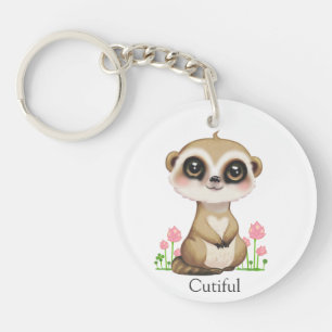 Porte-clefs Adorable suricate et fleurs sur fond blanc