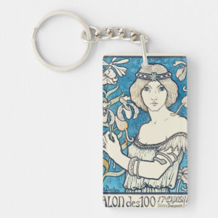 Porte-clefs Affiche d'art vintage femme florale bleue Art Nouv