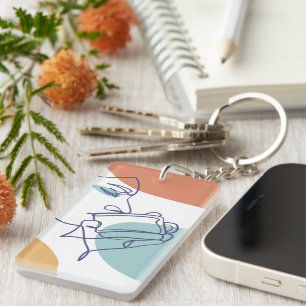 Porte-clefs affiche de dessin au trait de femme buvant du café
