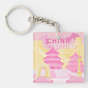 Porte-clefs Affiche de voyage à Pékin Chine Art rose et jaun