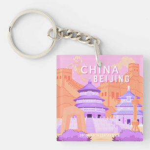 Porte-clefs Affiche de voyage à Pékin Chine Art rose et lava