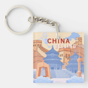 Porte-clefs Affiche de voyage à Pékin Chine Pastel Bleu & Pê