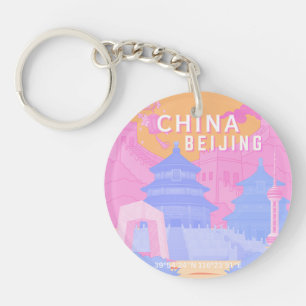 Porte-clefs Affiche de voyage à Pékin Chine Pastel rose et b